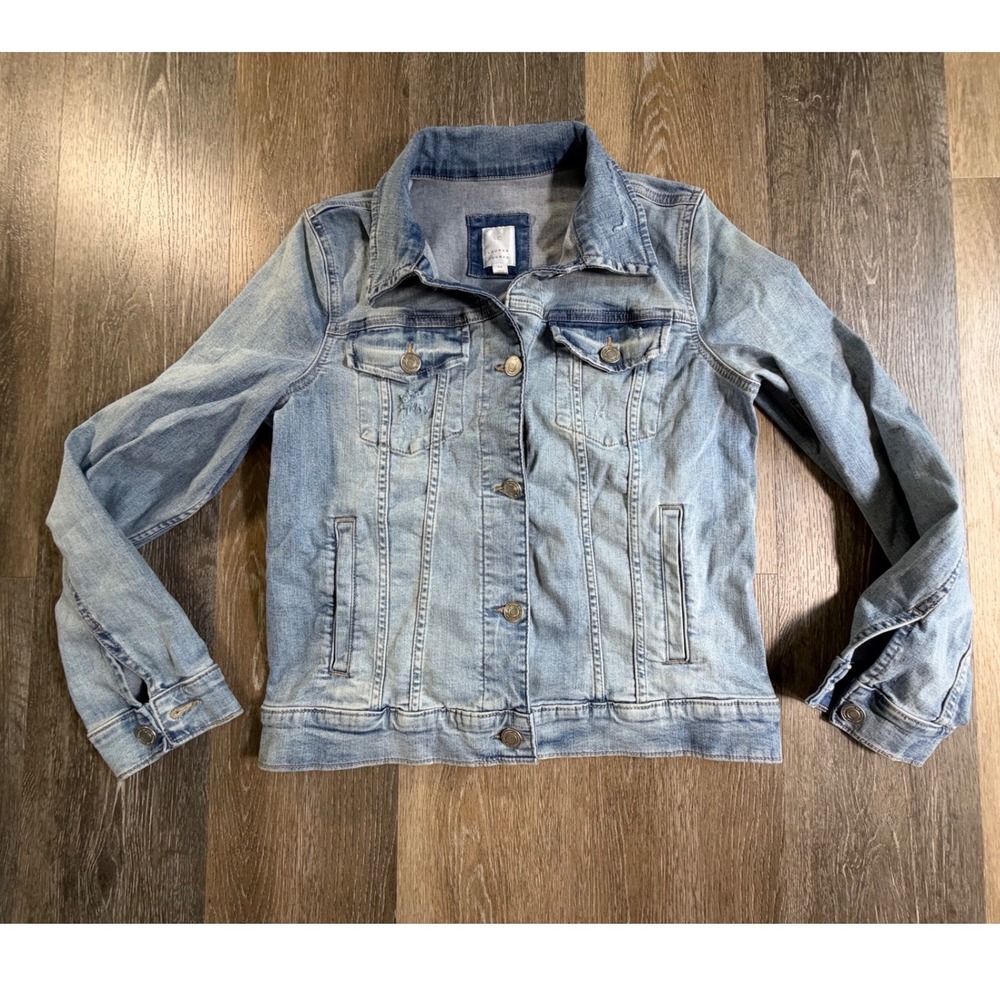 LC Lauren Conrad Denim Jacket Women Size M Light Blue Distressed Button Front